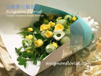 Yellow roses and white lisianthus