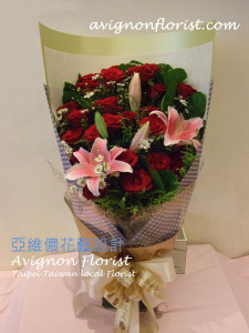 24 red roses and red, pink, or white lilies for delivery in Taipei