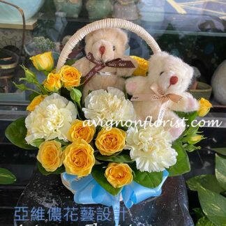 Mini bears in a basket of flowers