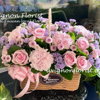 Carnation and rose basket arrangement with mixed flowers, soft tones get well gift Taipei florist