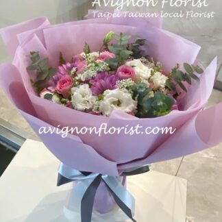 Bouquet of pink flowers, daisies, eucalyptus leaves