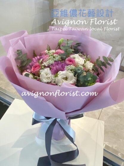 Bouquet of pink flowers, daisies, eucalyptus leaves